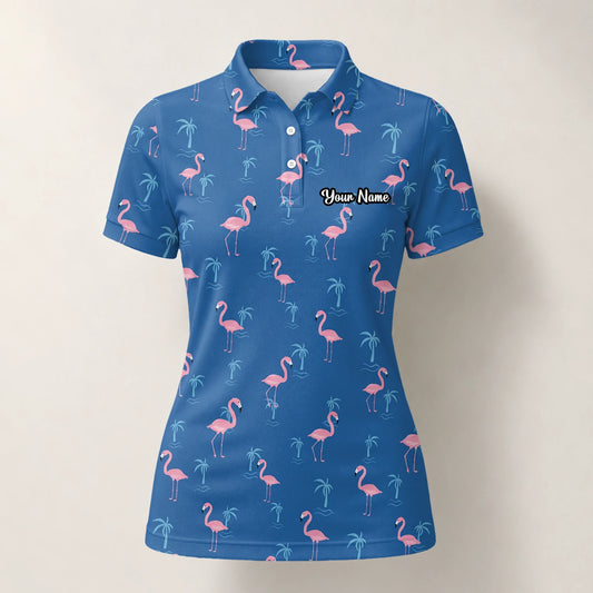 Personalised Blue Pink Flamingo Palm Golf Polo Shirt For Women C8068