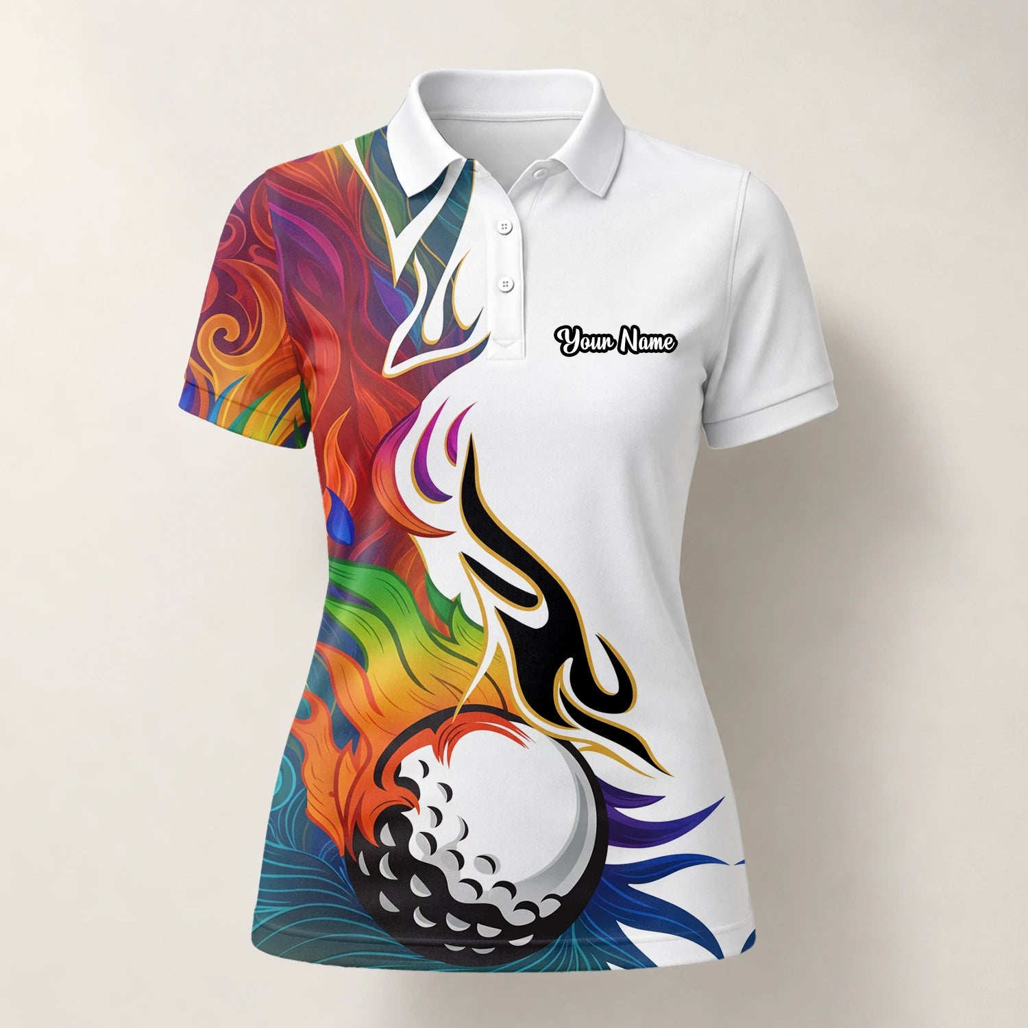 Personalised White Rainbow Flame Golf Ball Golf Polo Shirt For Women P6012