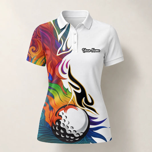 Personalised White Rainbow Flame Golf Ball Golf Polo Shirt For Women P6012
