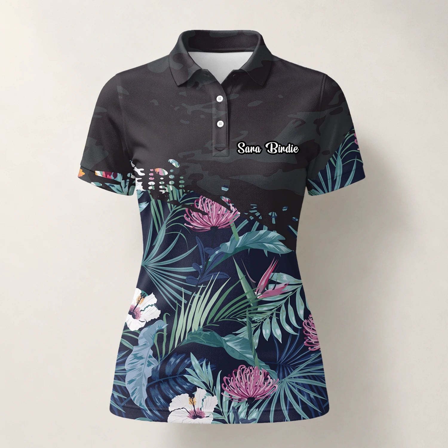 Personalised Navy Tropical Floral Leaf Golf Polo Shirt For Women N4110