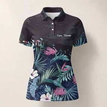 Personalised Navy Tropical Floral Leaf Golf Polo Shirt For Women N4110
