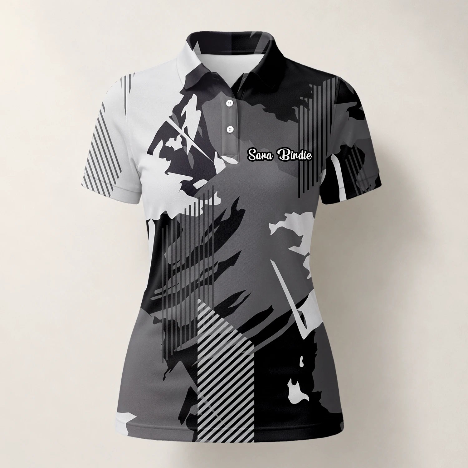 Personalised Grey Black Abstract Brush Stripe Golf Polo Shirt For Women I7293