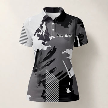Personalised Grey Black Abstract Brush Stripe Golf Polo Shirt For Women I7293