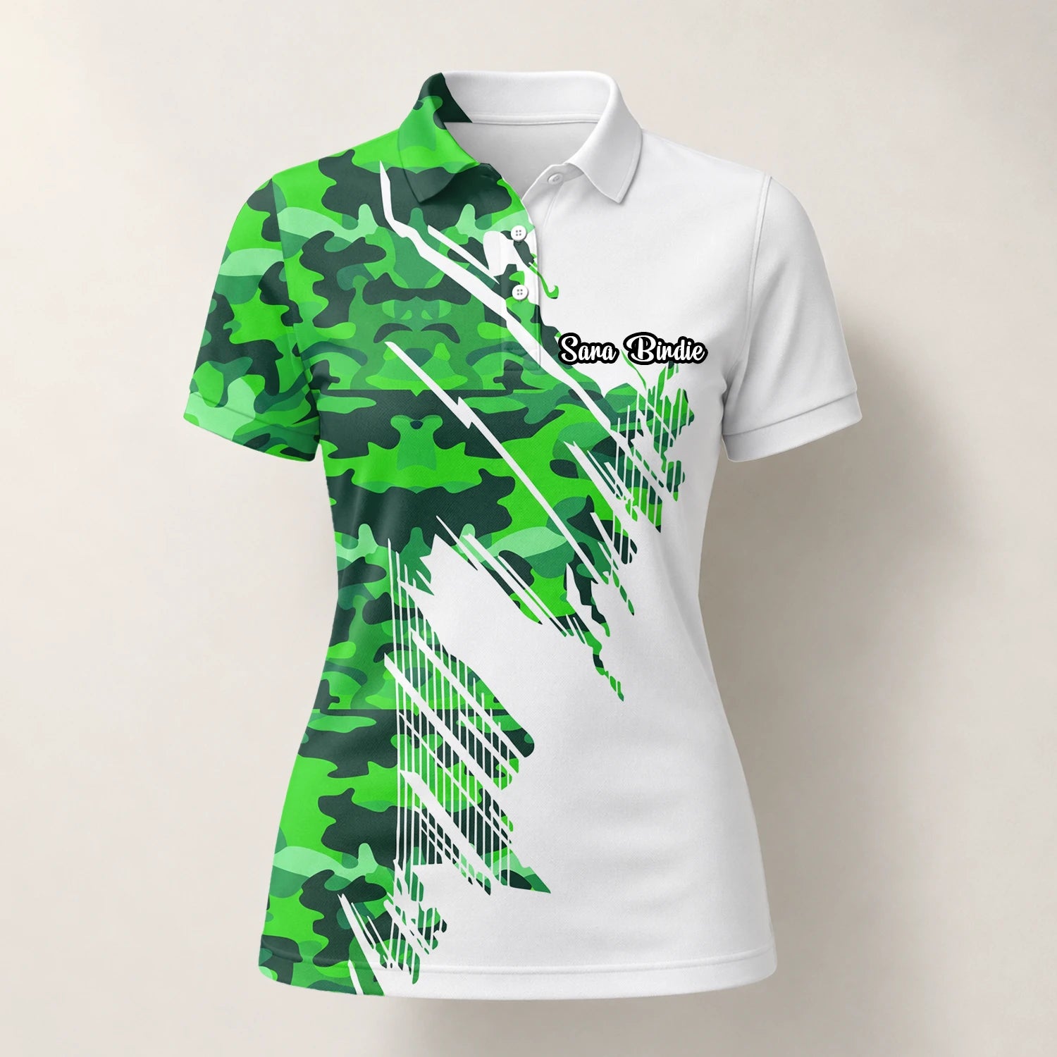 Personalised White Green Camo Brush Stripe Golf Polo Shirt For Women E9788