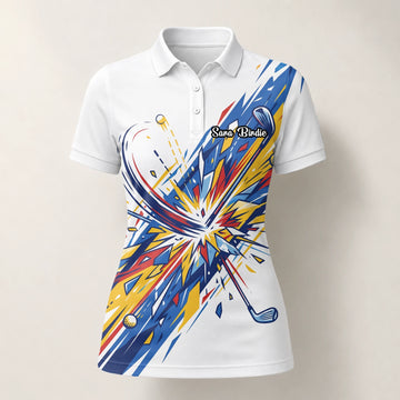 Personalised White Blue Abstract Golf Swing Burst Golf Polo Shirt For Women B2869