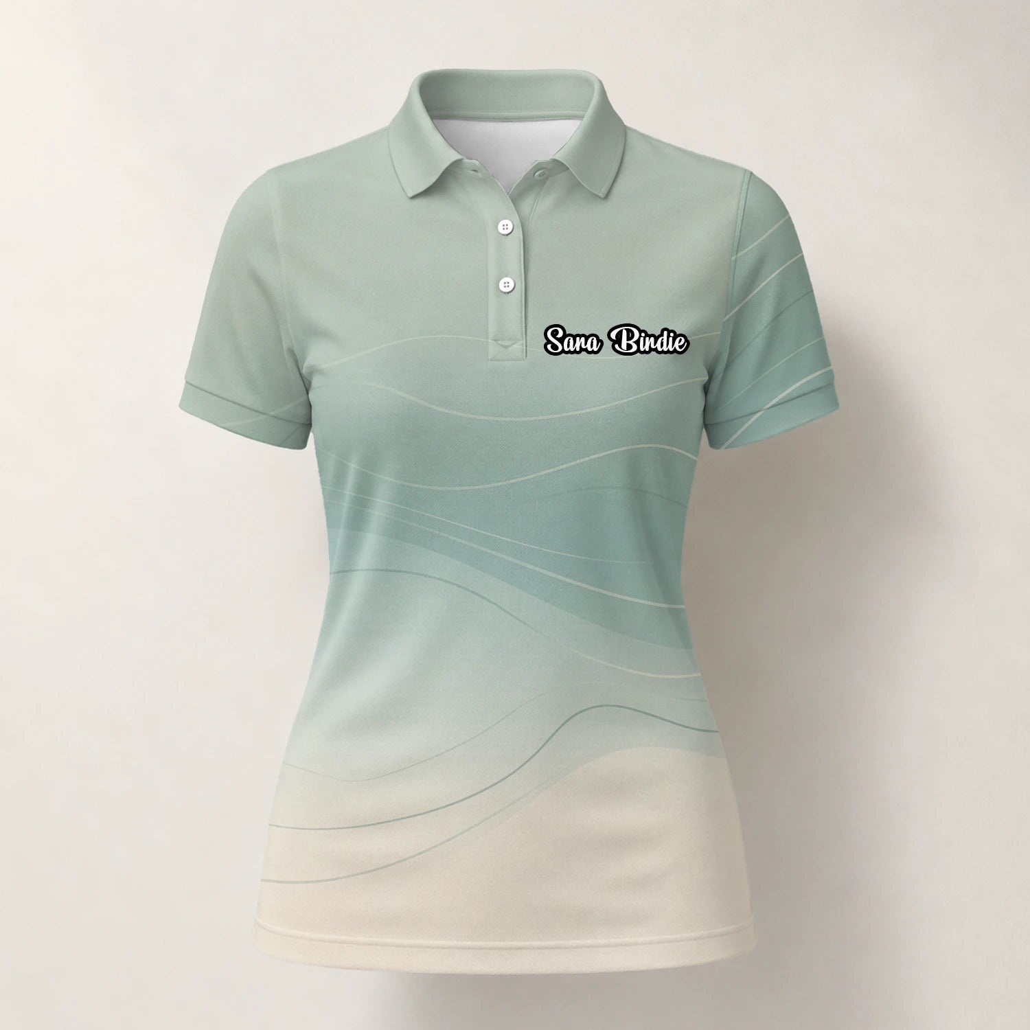Personalised Sage Green Beige Abstract Wave Golf Polo Shirt For Women X8036