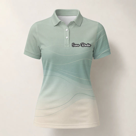 Personalised Sage Green Beige Abstract Wave Golf Polo Shirt For Women X8036