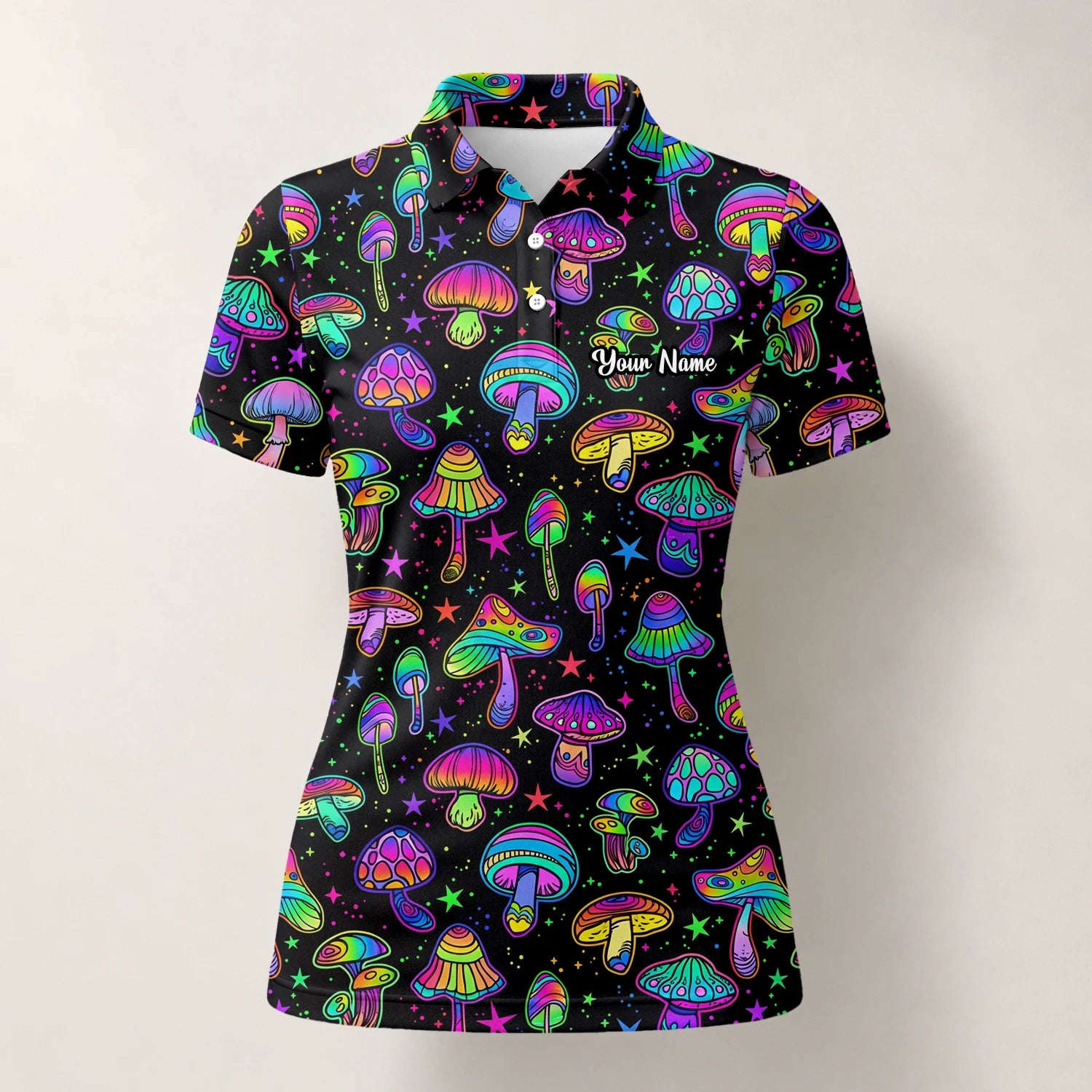 Personalised Black Neon Mushroom Psychedelic Golf Polo Shirt For Women L0182