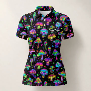 Personalised Black Neon Mushroom Psychedelic Golf Polo Shirt For Women L0182
