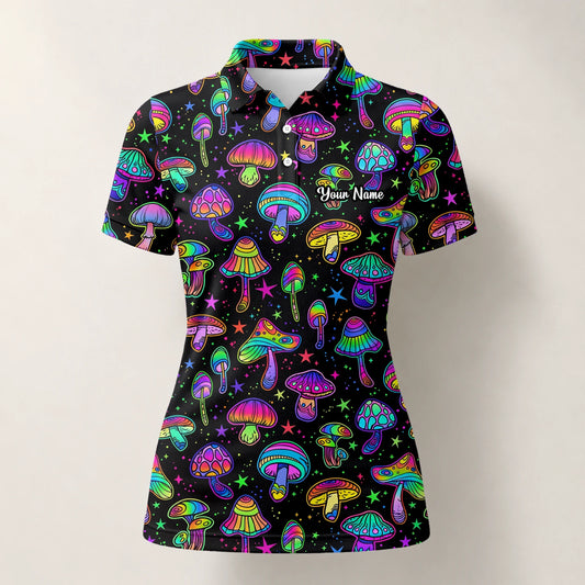 Personalised Black Neon Mushroom Psychedelic Golf Polo Shirt For Women L0182