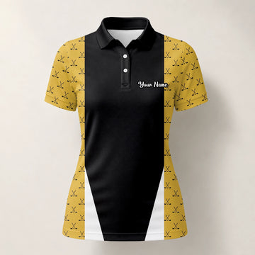 Personalised Black Gold Golf Club Pattern Stripe Golf Polo Shirt For Women B5489