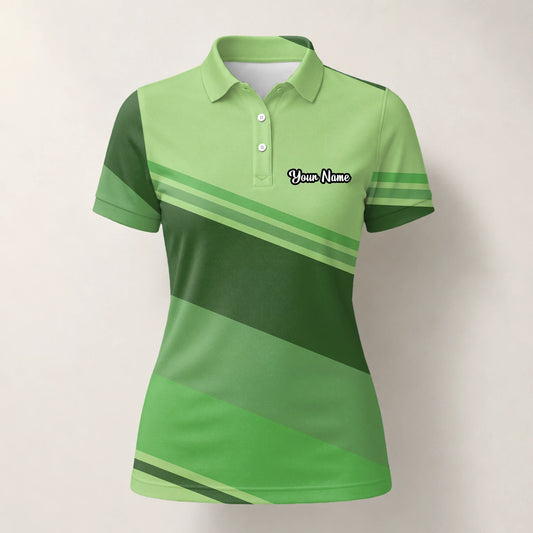Personalised Light Green Geometric Stripe Golf Polo Shirt For Women S1599
