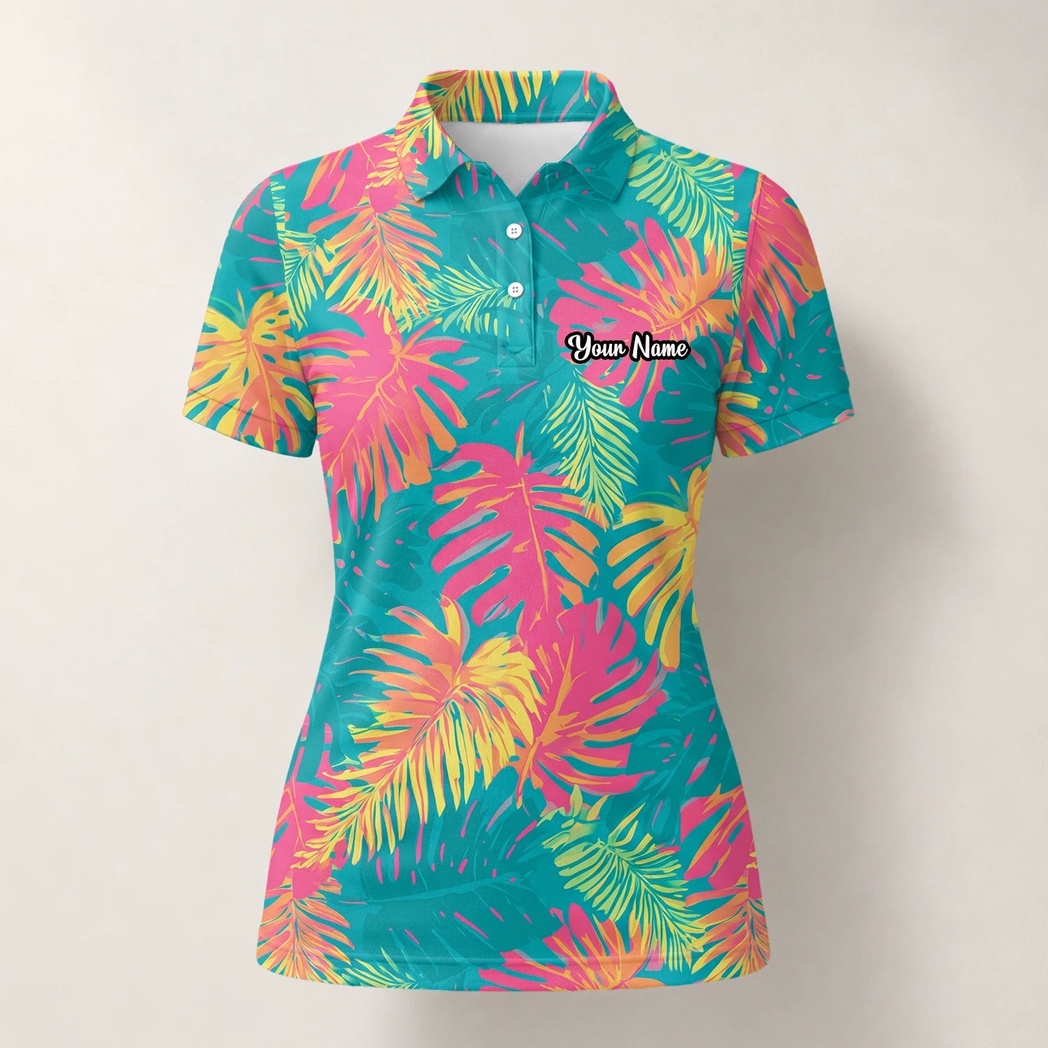 Personalised Teal Coral Tropical Leaf Golf Polo Shirt For Women H8937
