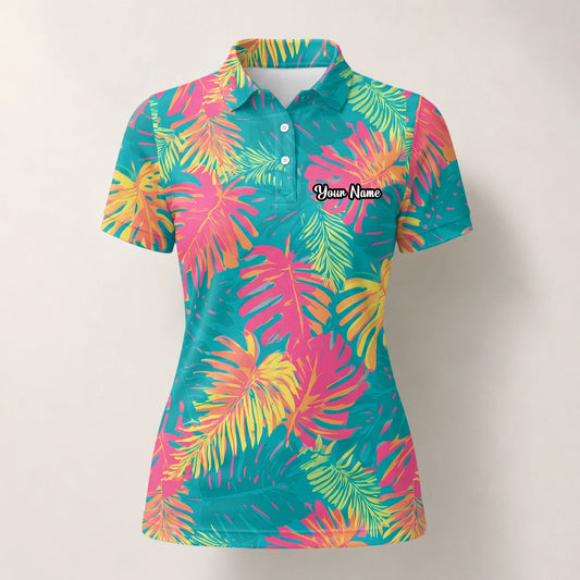 Personalised Teal Coral Tropical Leaf Golf Polo Shirt For Women H8937
