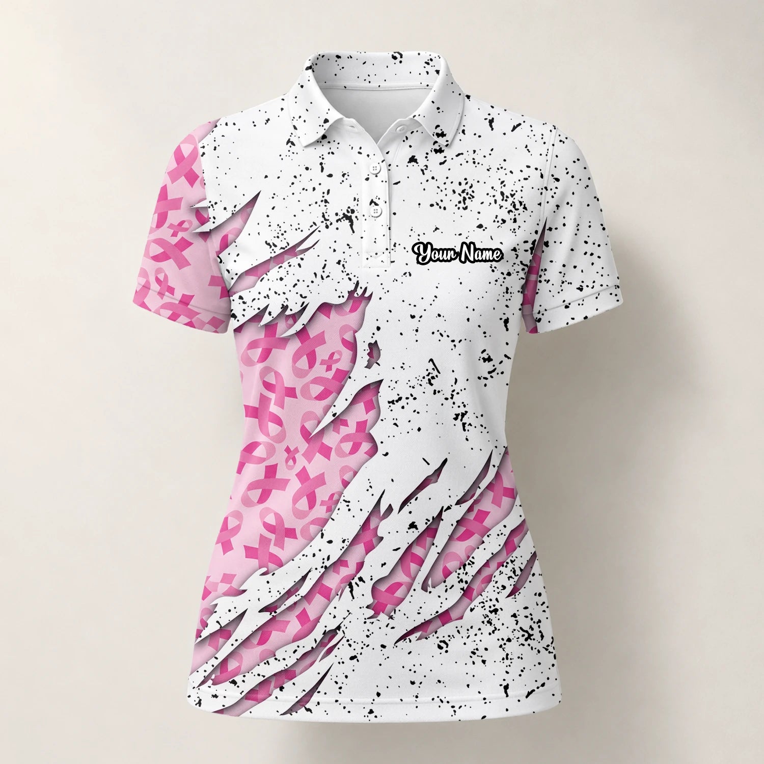 Personalised White Pink Breast Cancer Ribbon Torn Golf Polo Shirt For Women B7190