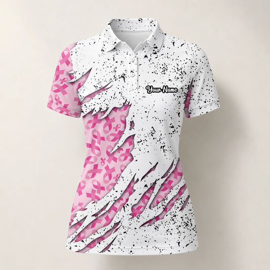 Personalised White Pink Breast Cancer Ribbon Torn Golf Polo Shirt For Women B7190