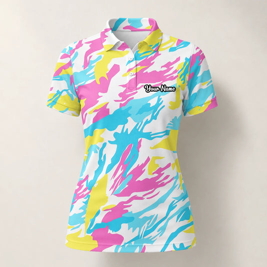Personalised Pastel Rainbow Camo Golf Polo Shirt For Women F0280