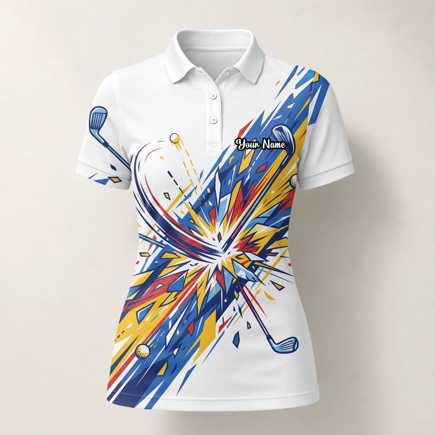 Personalised White Blue Abstract Golf Swing Burst Golf Polo Shirt For Women B2869