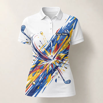 Personalised White Blue Abstract Golf Swing Burst Golf Polo Shirt For Women B2869