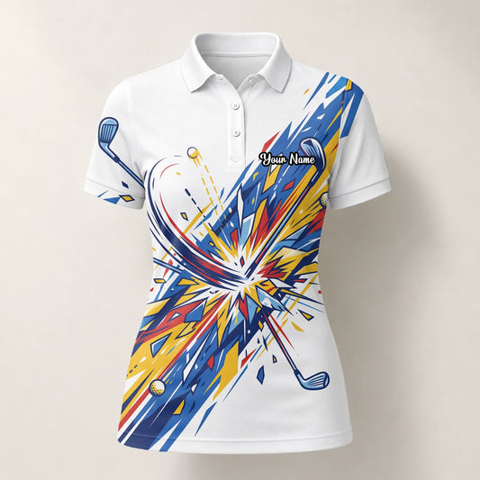 Personalised White Blue Abstract Golf Swing Burst Golf Polo Shirt For Women B2869