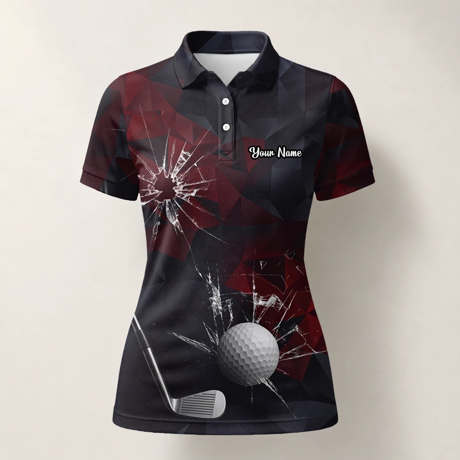 Personalised Black Burgundy Shattered Glass Golf Ball Golf Polo Shirt For Women R4354