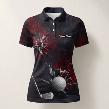 Personalised Black Burgundy Shattered Glass Golf Ball Golf Polo Shirt For Women R4354