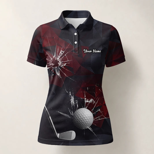 Personalised Black Burgundy Shattered Glass Golf Ball Golf Polo Shirt For Women R4354
