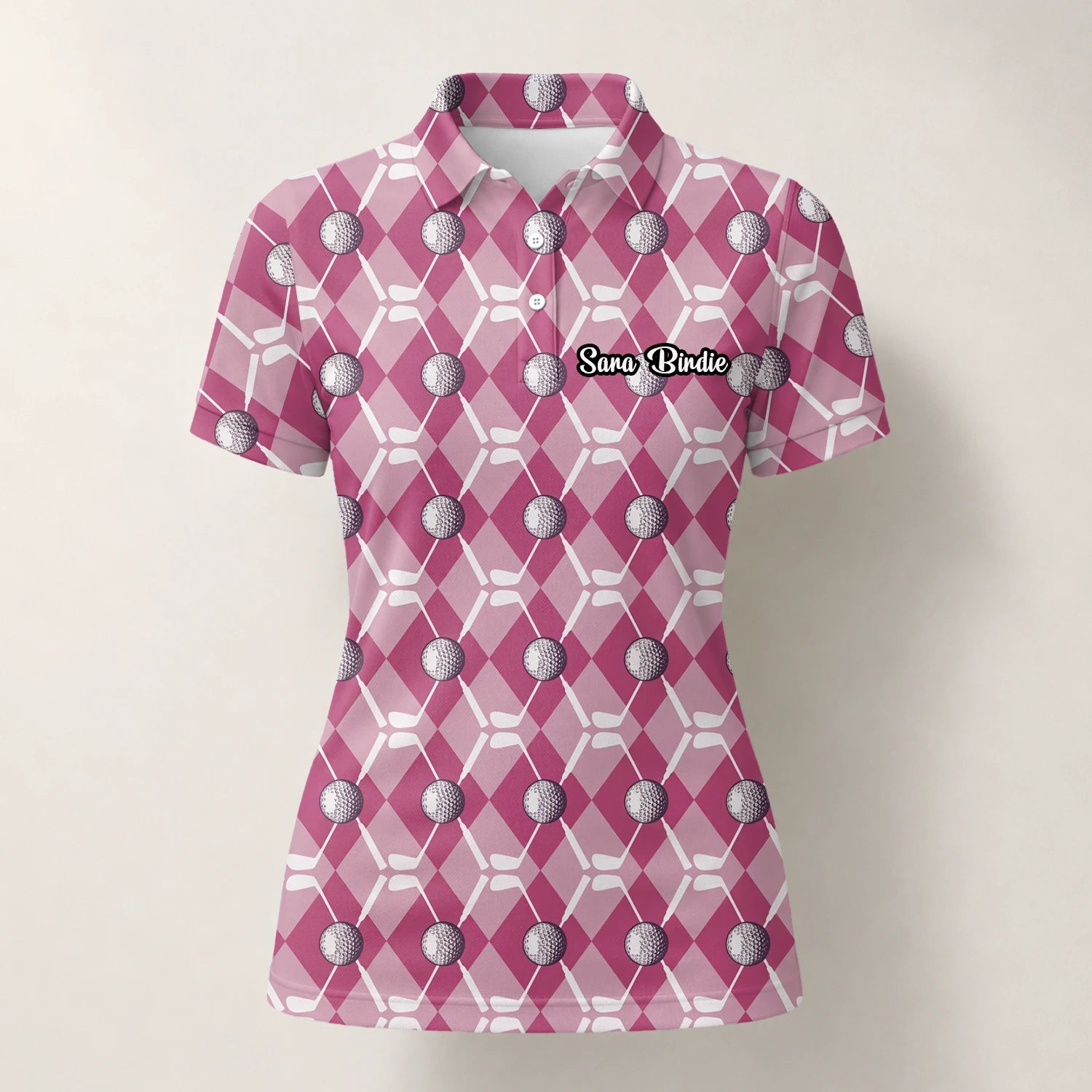 Personalised Pink Argyle Golf Ball Golf Polo Shirt For Women X0000