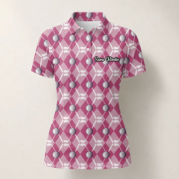 Personalised Pink Argyle Golf Ball Golf Polo Shirt For Women X0000