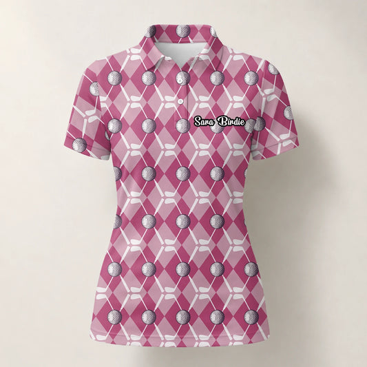 Personalised Pink Argyle Golf Ball Golf Polo Shirt For Women X0000