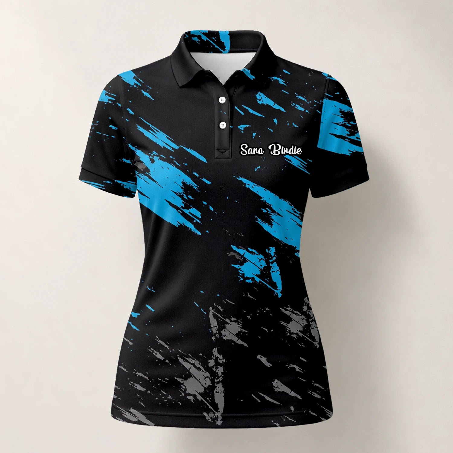 Personalised Black Blue Brush Stroke Golf Polo Shirt For Women H3779