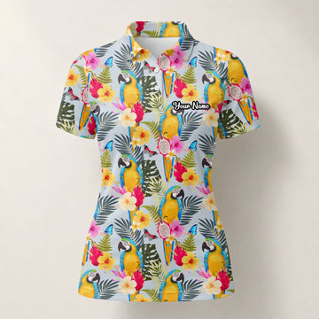 Personalised Cream Yellow Tropical Parrot Hibiscus Golf Polo Shirt For Women V2558