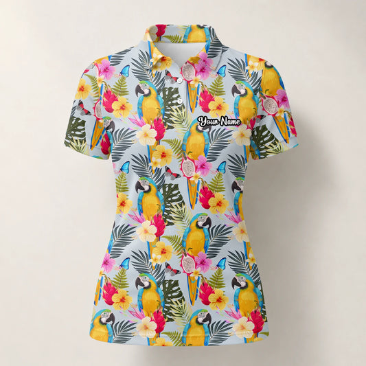 Personalised Cream Yellow Tropical Parrot Hibiscus Golf Polo Shirt For Women V2558