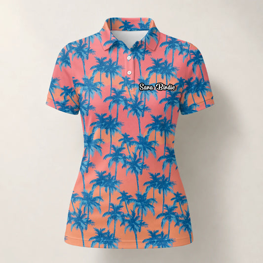 Personalised Coral Pink Blue Palm Tree Golf Polo Shirt For Women A5845