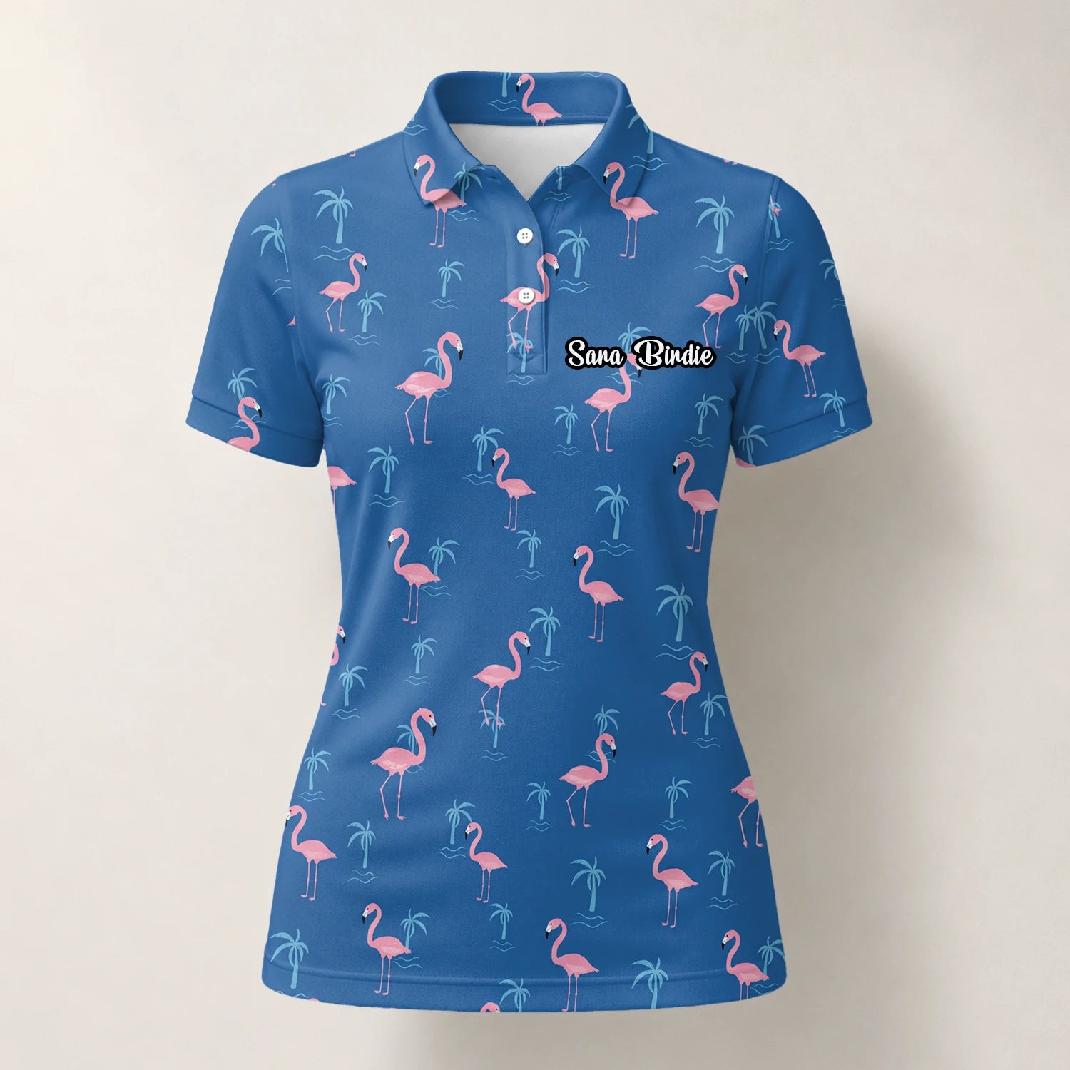 Personalised Blue Pink Flamingo Palm Golf Polo Shirt For Women C8068