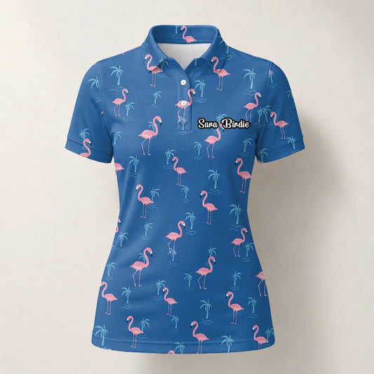 Personalised Blue Pink Flamingo Palm Golf Polo Shirt For Women C8068