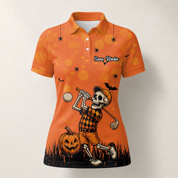 Personalised Orange Halloween Skeleton Golfer Golf Polo Shirt For Women D3851