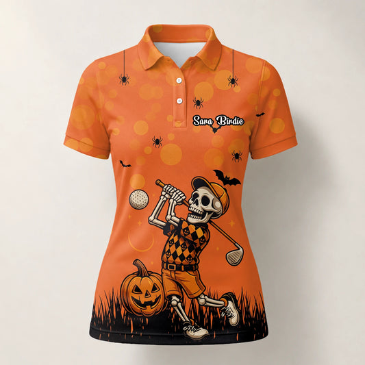 Personalised Orange Halloween Skeleton Golfer Golf Polo Shirt For Women D3851