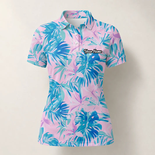 Personalised Pink Blue Tropical Leaf Golf Polo Shirt For Women K0497
