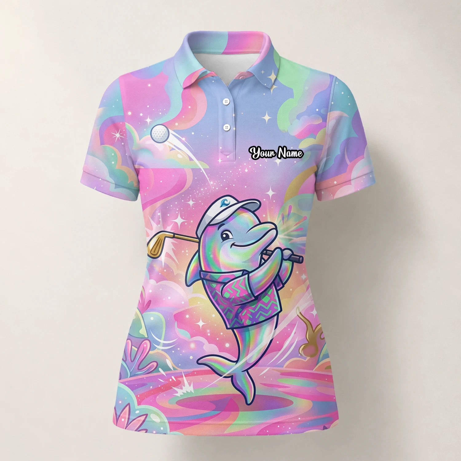 Personalised Pastel Rainbow Dolphin Golfer Cartoon Golf Polo Shirt For Women L3862
