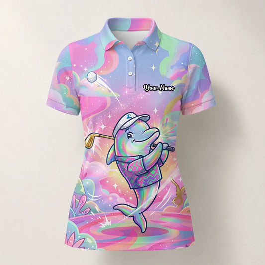 Personalised Pastel Rainbow Dolphin Golfer Cartoon Golf Polo Shirt For Women L3862