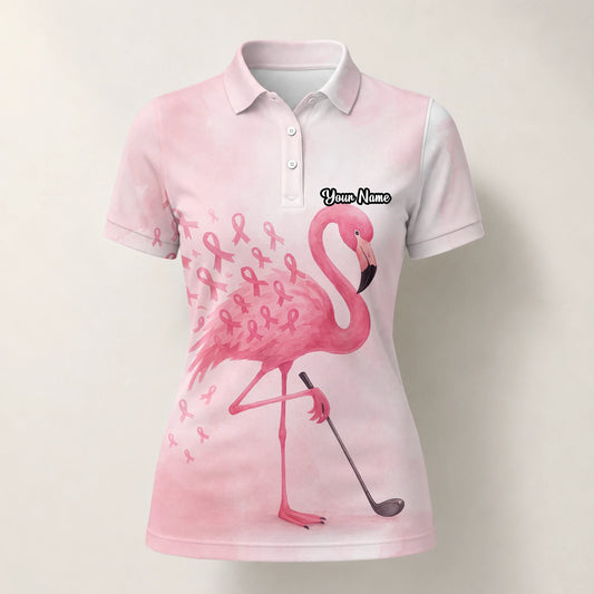 Personalised Pink Flamingo Golfer Breast Cancer Ribbon Golf Polo Shirt For Women R9354