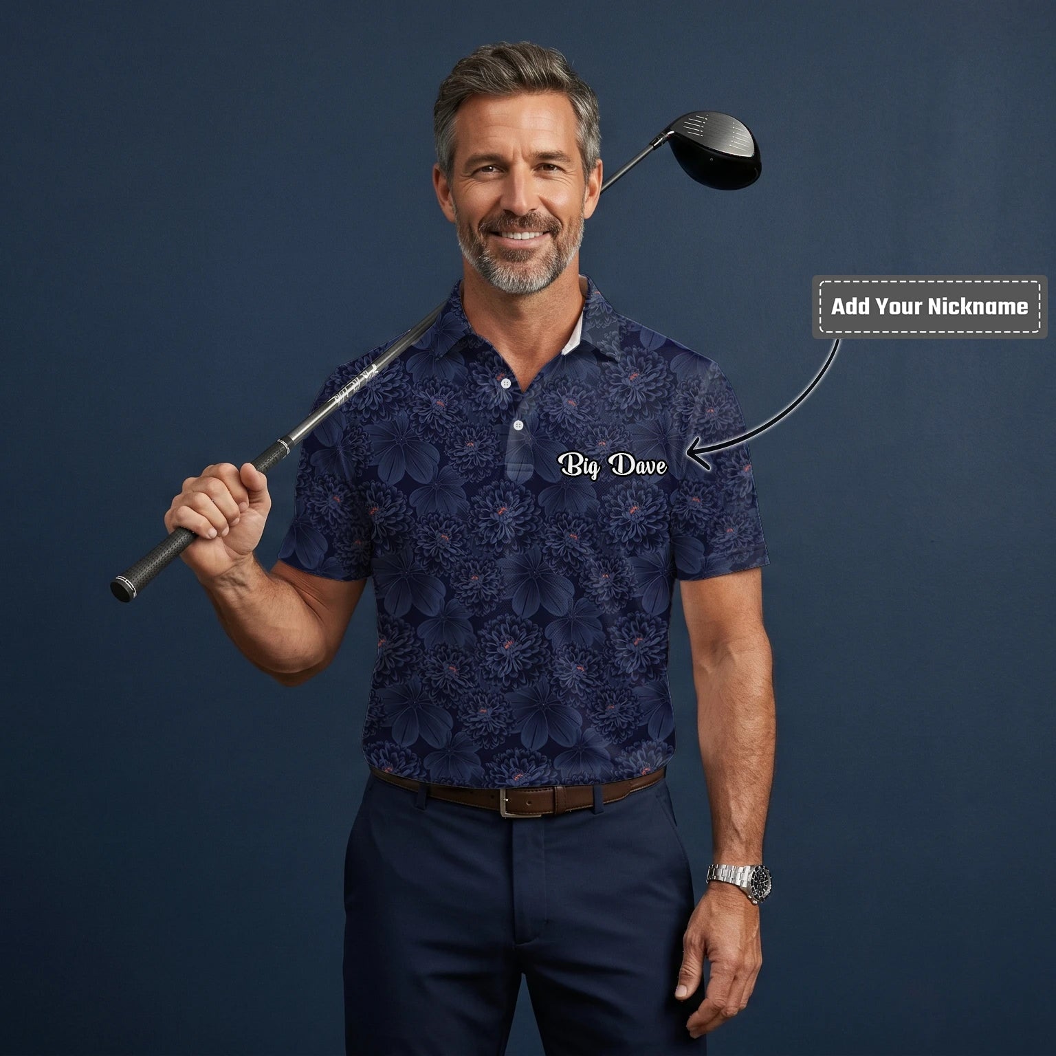 Personalised Dark Navy Chrysanthemum Floral Golf Polo Shirt For Men A0086