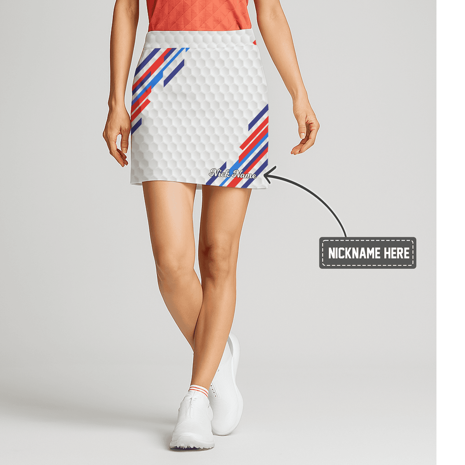 Personalized Women's White Golf Skort with Hexagon Dimple Pattern & Red Blue Stripes F7347 main image - S