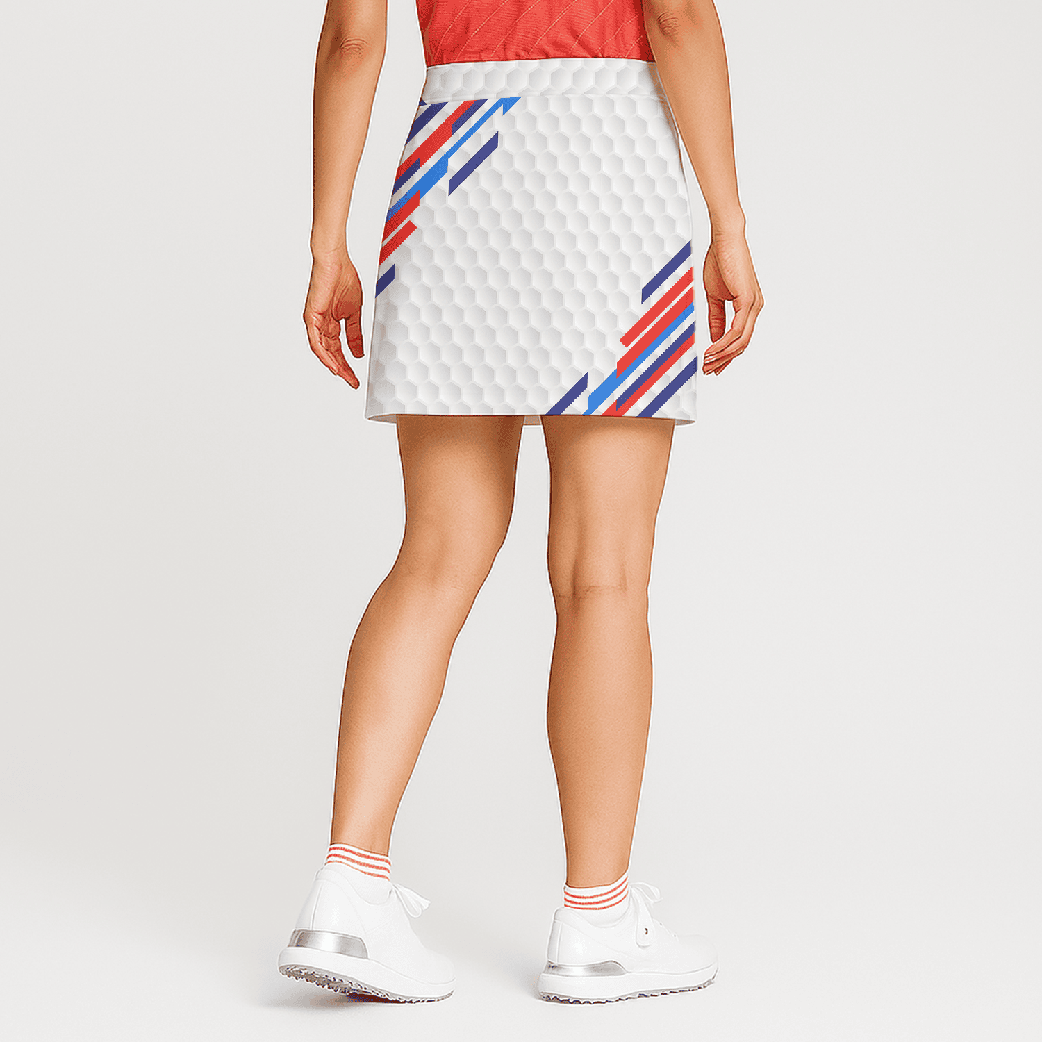 Personalized Women's White Golf Skort with Hexagon Dimple Pattern & Red Blue Stripes F7347 additional image 1