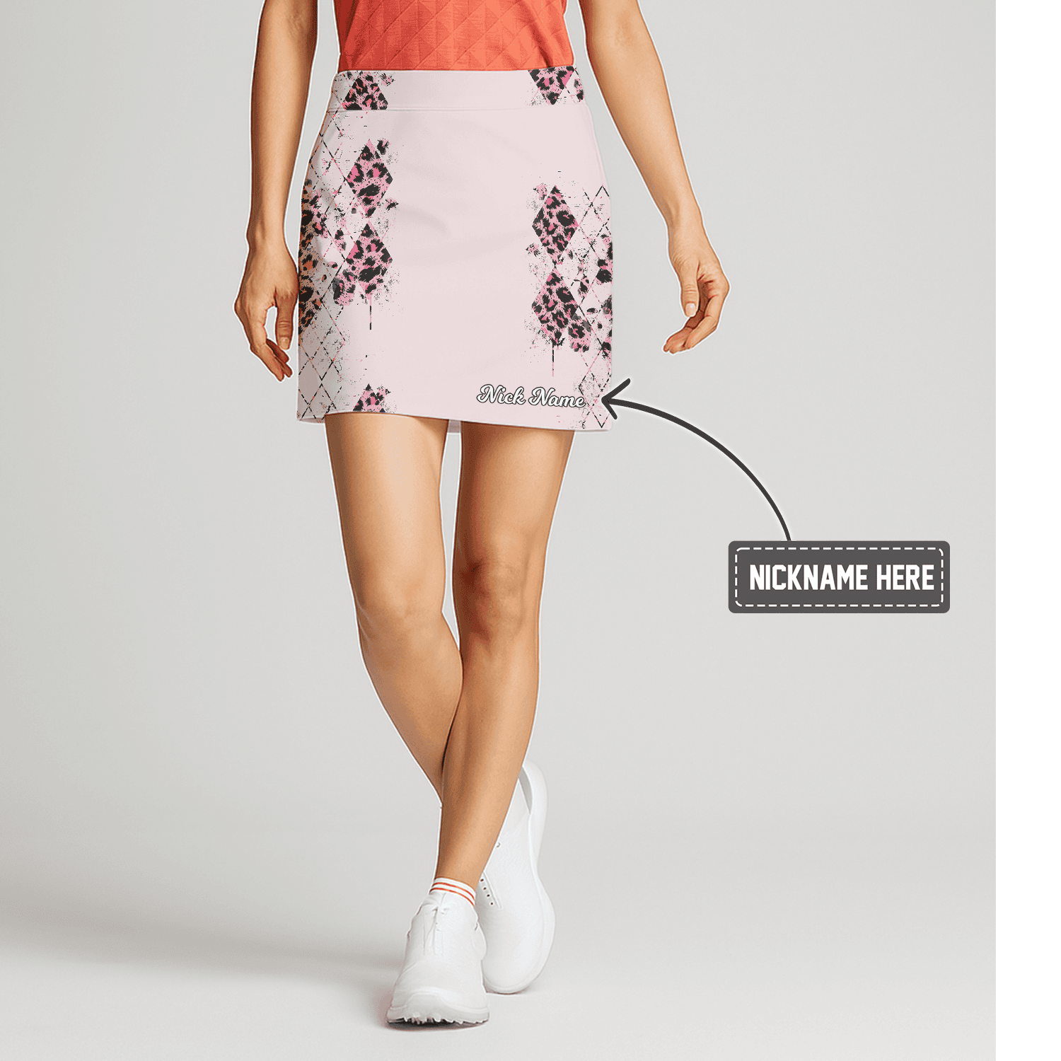 Personalized Women's Light Pink Leopard Print Diamond Pattern Golf Skort O6999 main image - S