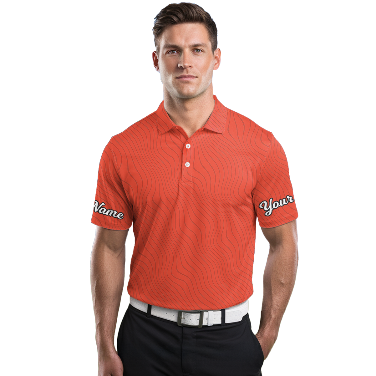 Personalized Orange Wavy Pattern Golf Polo Shirt for Men O1460 additional image 3