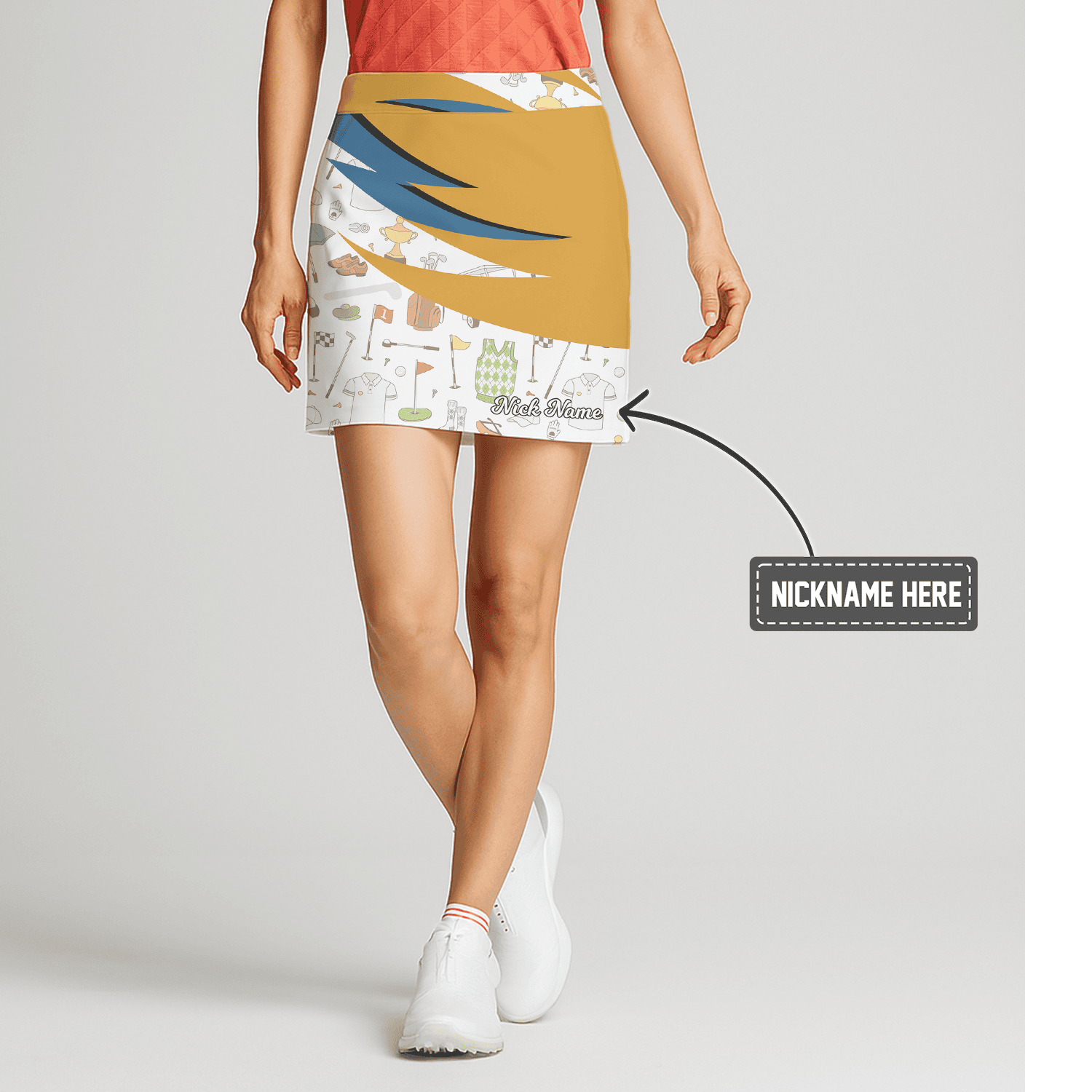 Personalized Women's Gold Blue Abstract Wave Golf Skort with Golf Icon Print K2983 main image - S