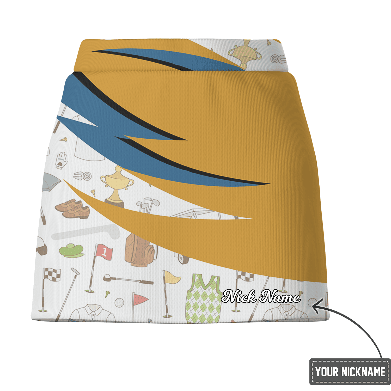 Personalized Women's Gold Blue Abstract Wave Golf Skort with Golf Icon Print K2983 additional image 2