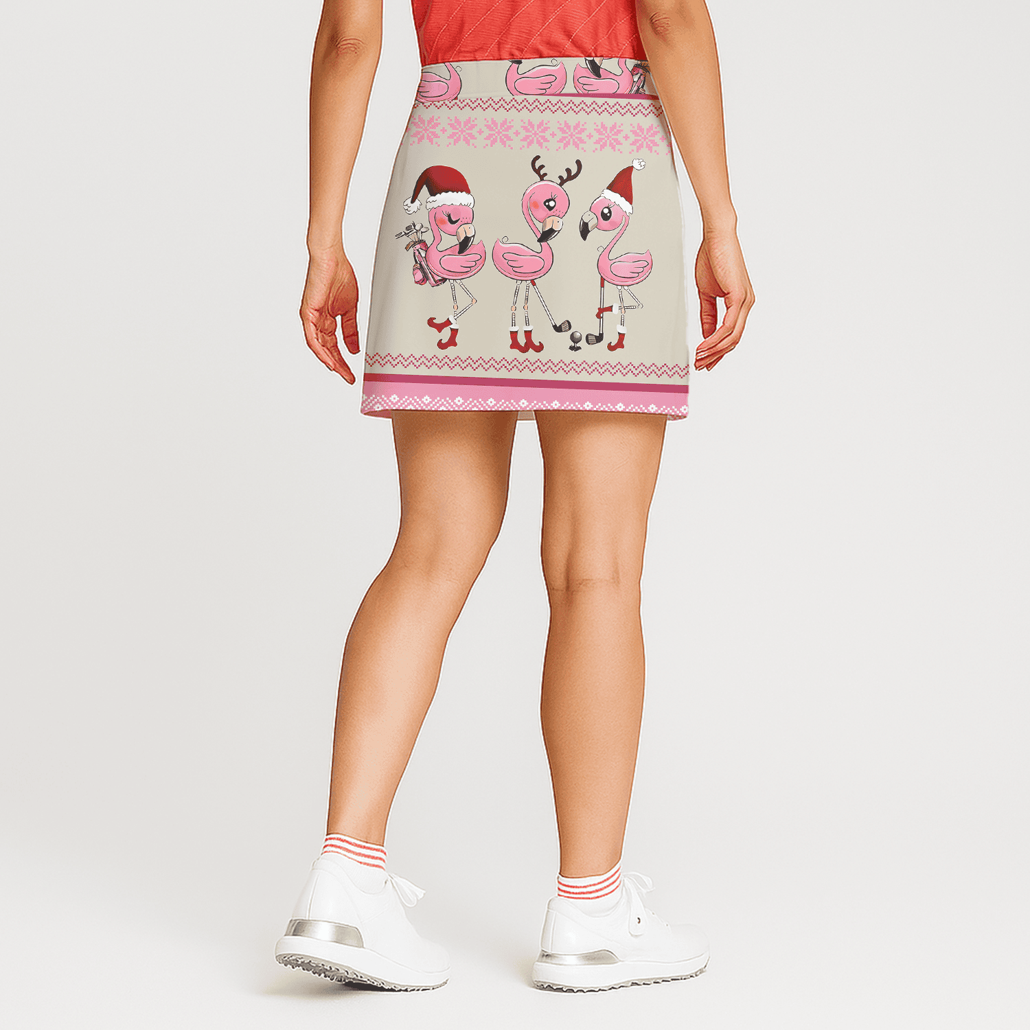 Personalized Women's Beige Christmas Flamingo Golf Skort, Snowflake Pattern H9669 additional image 1